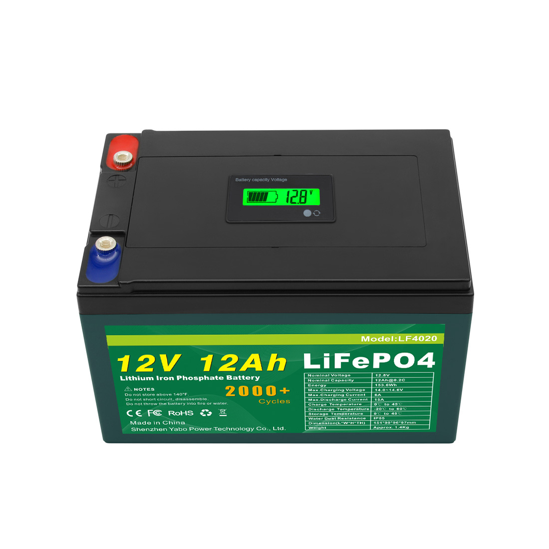 YABO 12V 12Ah LiFePO4 Batterij met LCD Display voor Thuis Opslag